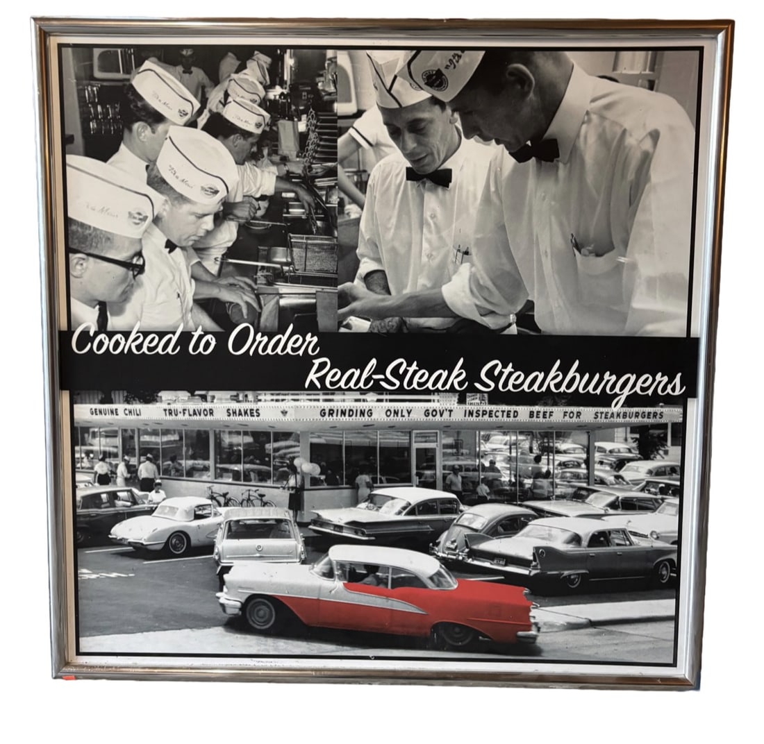 Large 42"x43" Steak & Shake red Car Framed Photo Picture Mancave: Large Steak & Shake Car Framed Photo Picture Mancave. 42"x43" Enhance your diner, Mancave or vintage advertising collection with this striking Steak n Shake promotional poster professionally framed. T