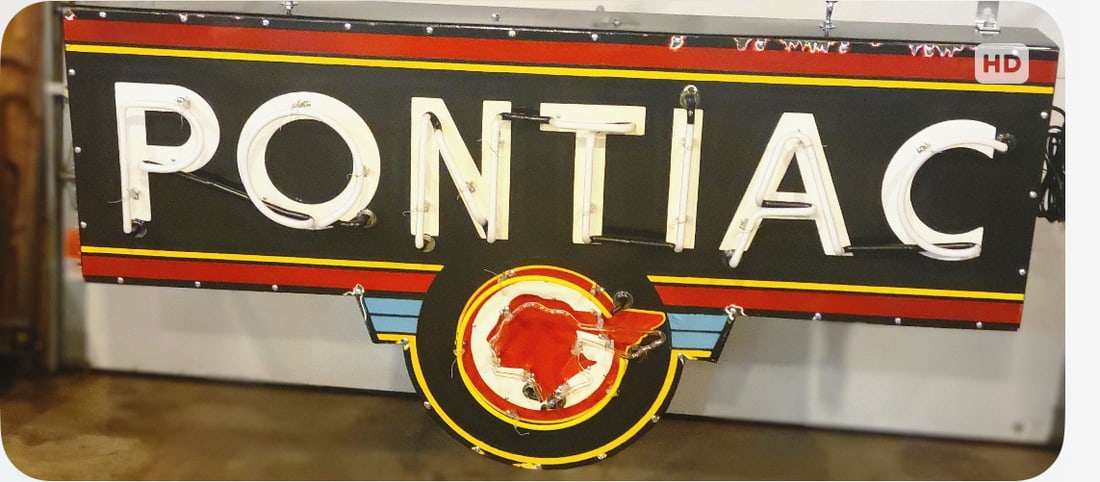 Large 6' Pontiac Porcelain Neon Sign w Flasher - 2