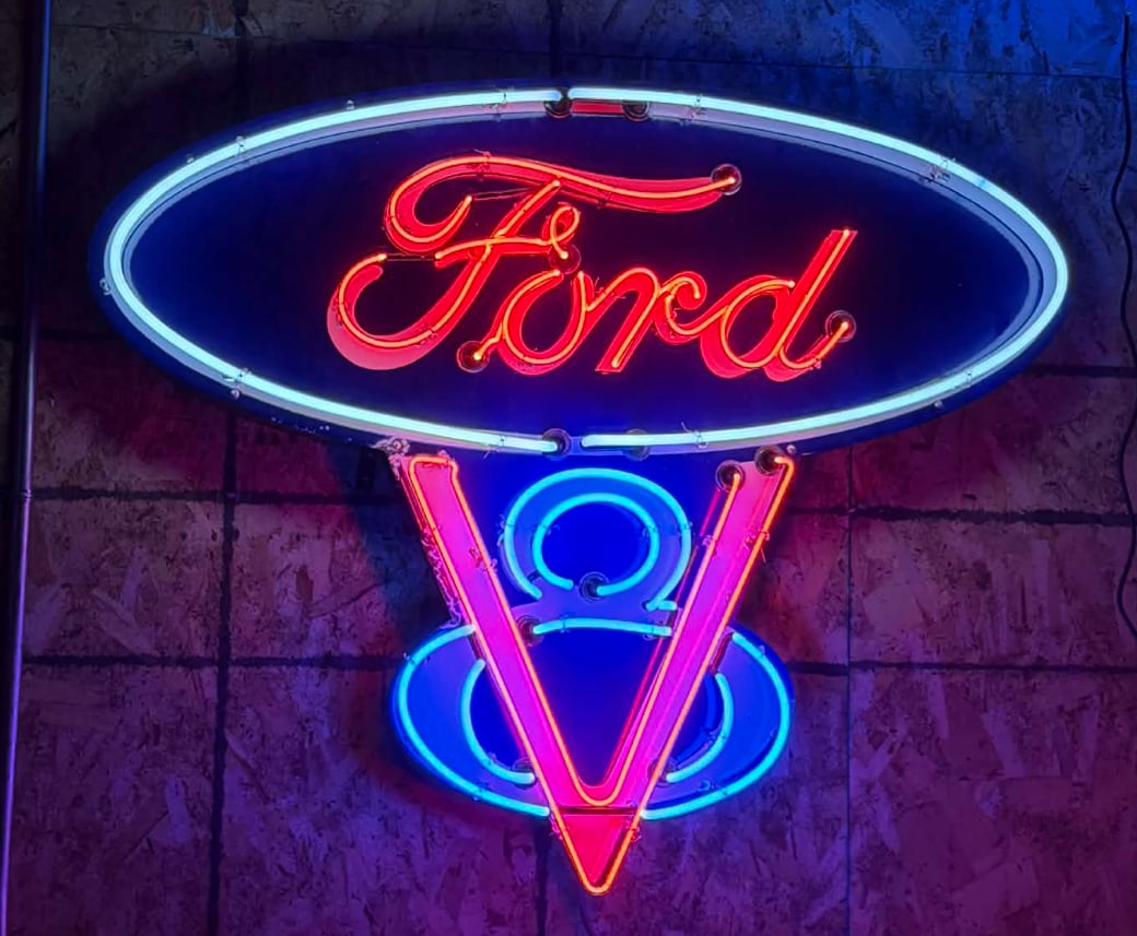 New 38” x 45” Ford V8 Porcelain Neon Sign!!: 38"x45" 9"deep. Perfect size! Classic Ford V8 die cut porcelain & hand-blown glass neon sign. 4 vibrant colors! Sign is all new.2 new Transformers. Everything from the porcelain to the can is done