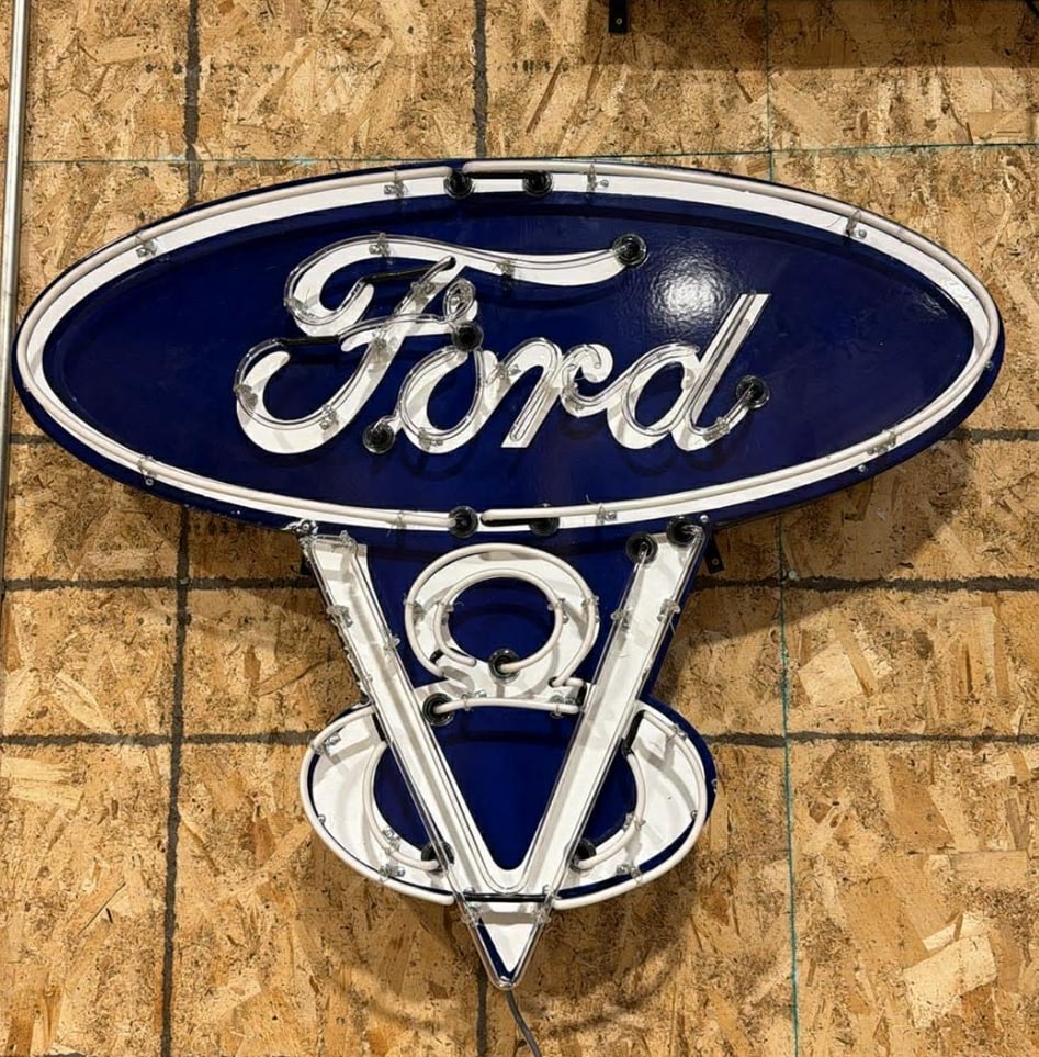 New 38” x 45” Ford V8 Porcelain Neon Sign!! - 2