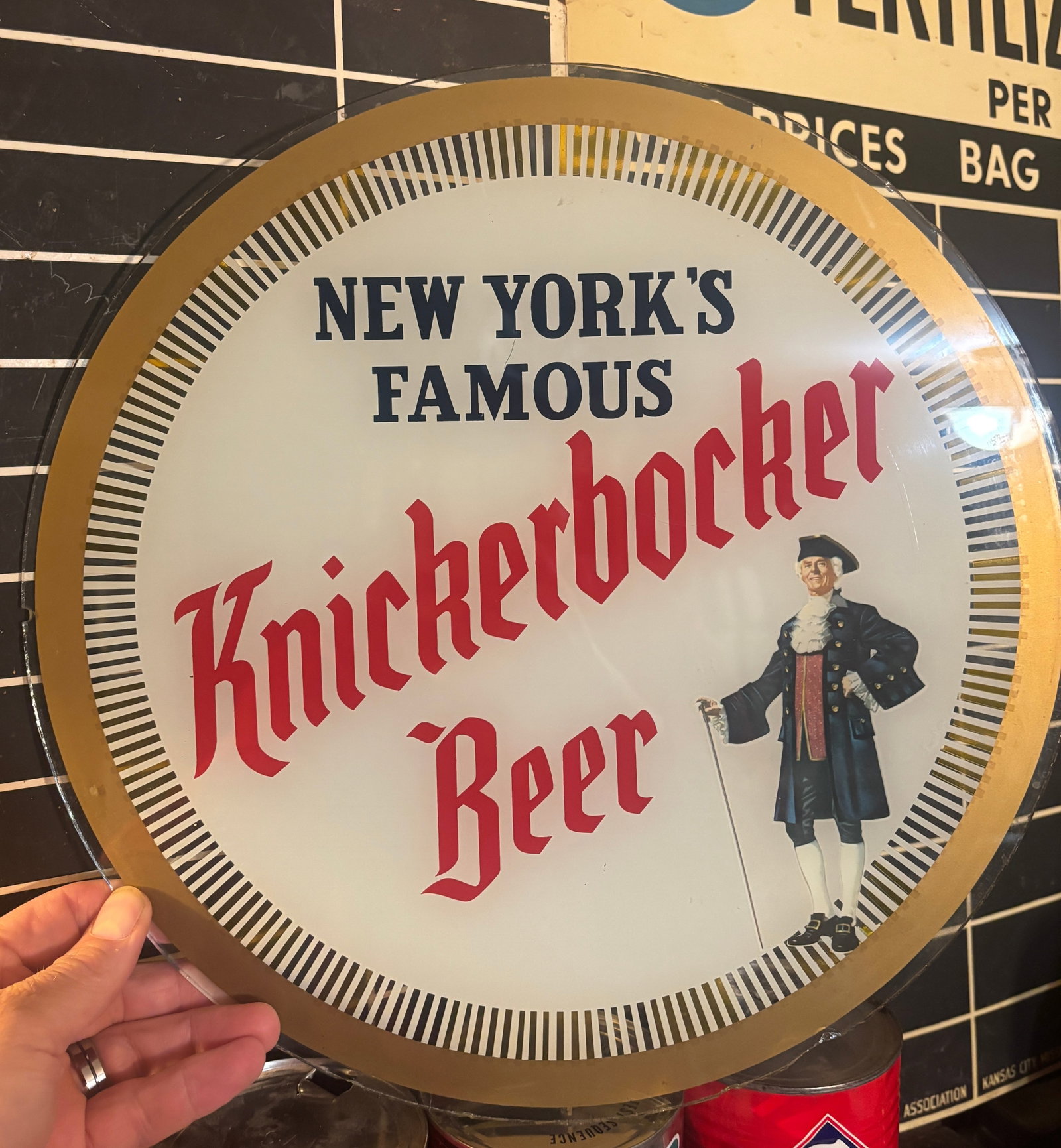 1950s Knickerbocker Beer Reverse Glass Face Motion sign: 1950s Knickerbocker Beer Reverse Glass Face for a Lighted Motion sign. Glass face only. Ohio Advertising Display Co. It features "Father Knickerbocker" an iconic colonial figur in a tricorn hat, he se