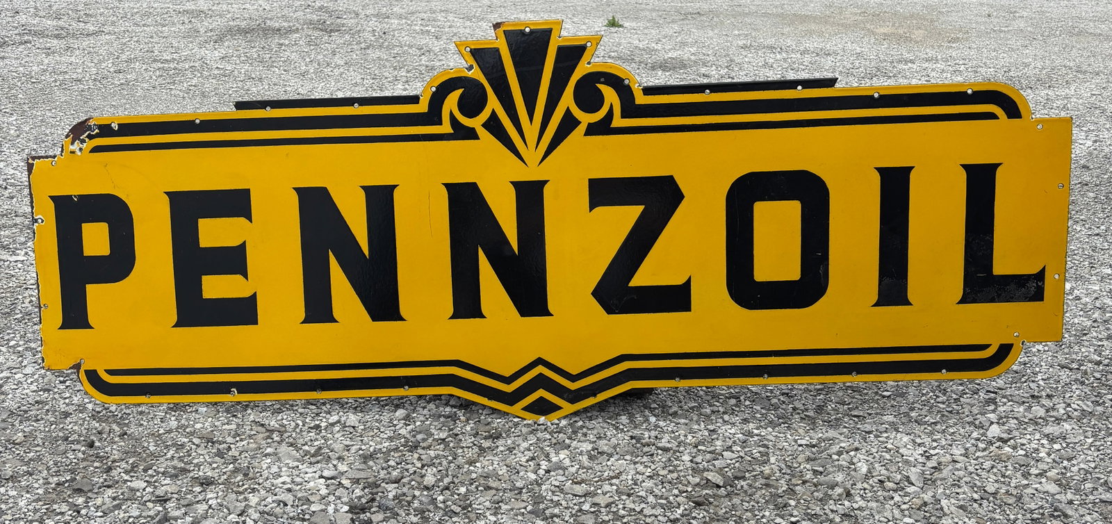 Large 72” Porcelain SSP Pennzoil Sign: Large 72” Newer Contemporary Porcelain SSP Pennzoil Sign. Art Deco Style. Good looking Sign. Could even make a neon skin out of it. Has a couple hits in the porcelain. Heavy gauge metal with a
