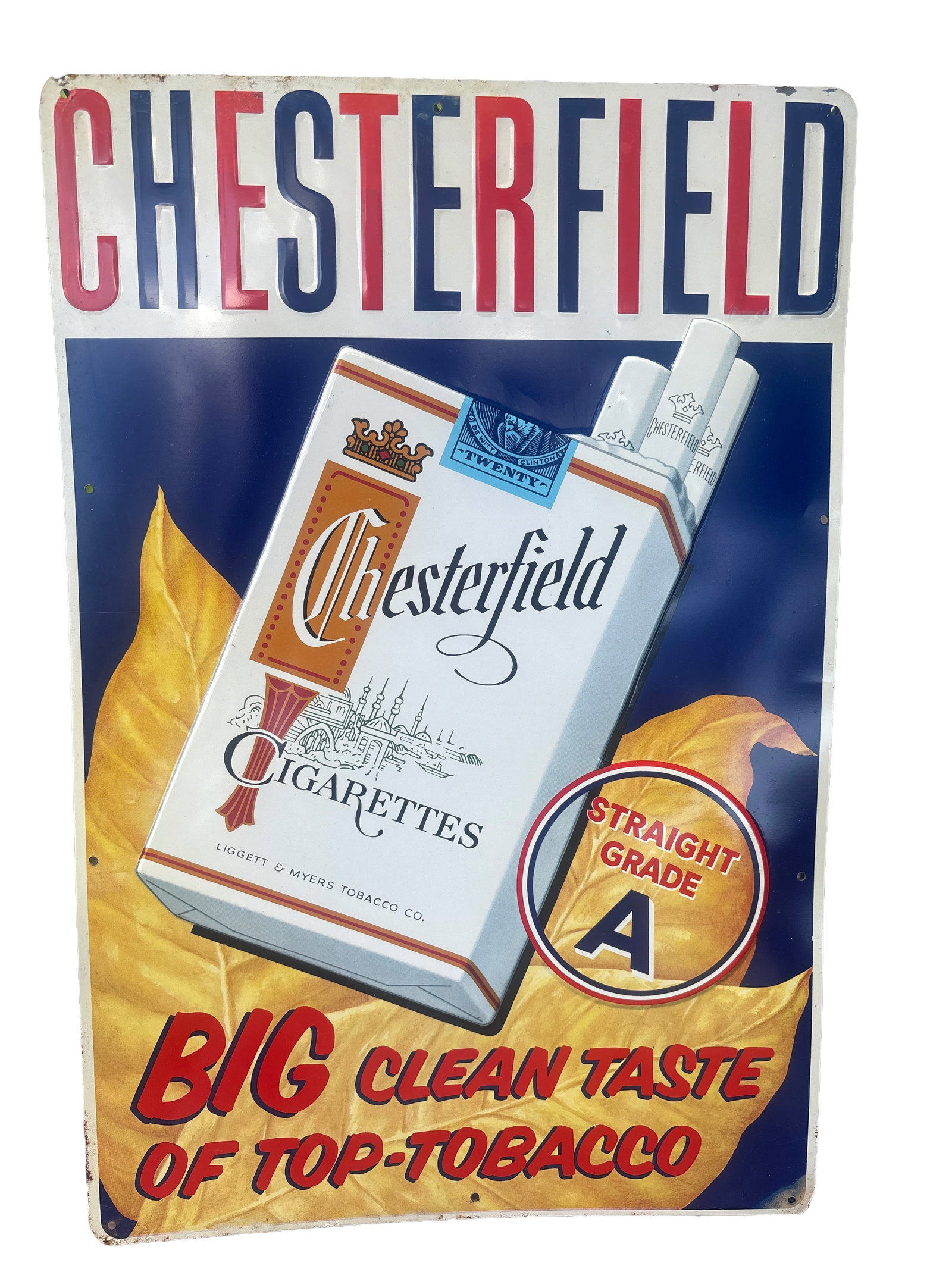 NOS Vintage 1950s Chesterfield Cigarettes Embossed Tin Tacker Store Sign.: NOS Vintage 1950s Chesterfield Cigarettes Embossed Tin Tacker Store Sign. Has a green back. An Exceptional piece of mid- century tobacciana advertising. The sign features highly vibrant lithographed g