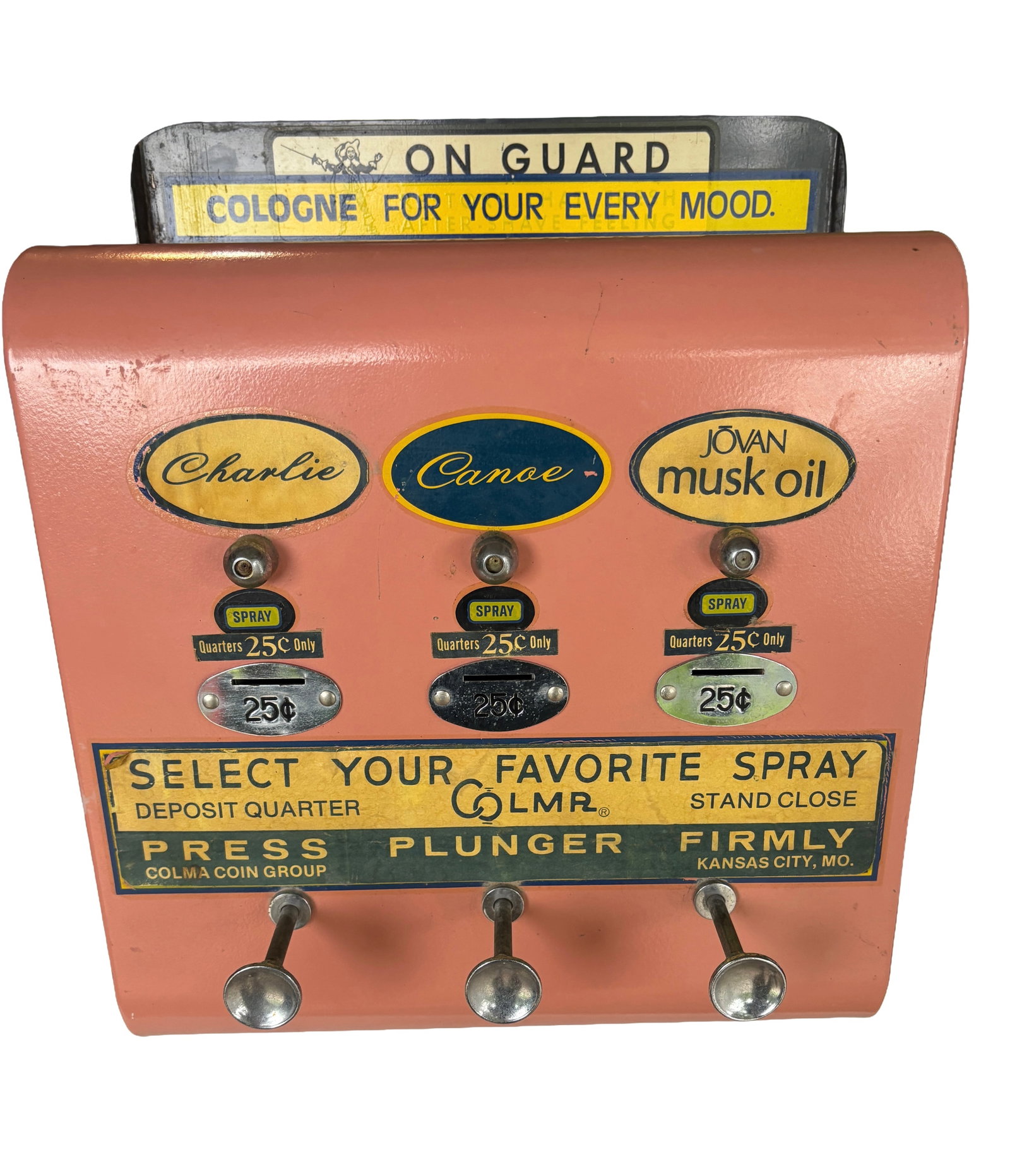 Vintage Retro 1970s Cologne Spray Vending Coin Op Machine KC Mo: Vintage 1970s Cologne Spray Vending Machine – Jovan, Canoe & CharlieBring home a slice of retro Americana with this vibrant pink coin-operated cologne dispenser, made by Colma Coin Group, Kansas Cit