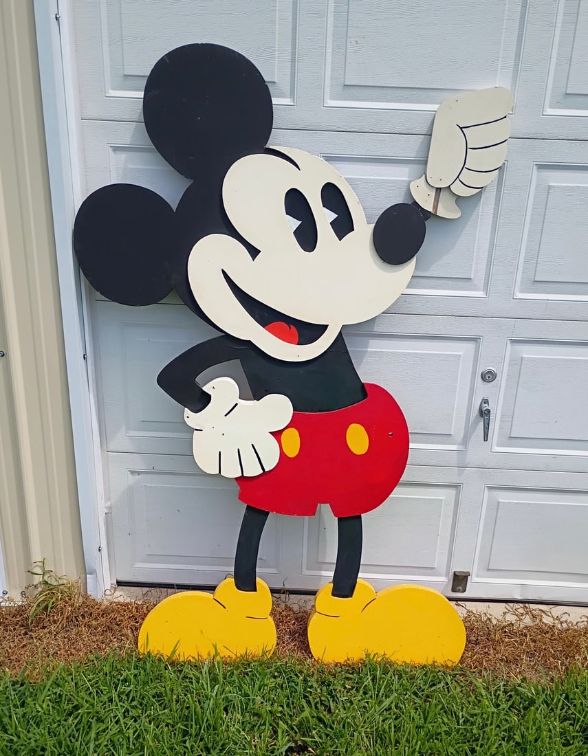Large Hand-Painted Folk Art Mickey Mouse Store Display – 70" Plywood Cutout: Large Hand-Painted Folk Art Mickey Mouse Store Display – 70"x 40" Plywood Cutout. Very well done.A cheerful nod to classic Disney nostalgia, this over sized hand-painted Mickey Mouse cutout stands a