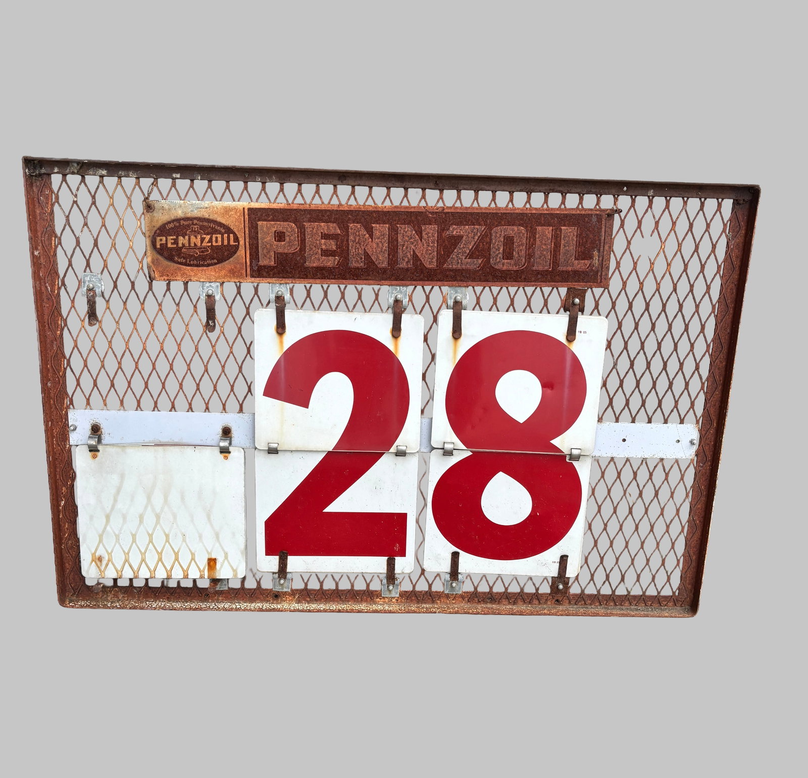 Vintage Gasoline Station Interchangeable Price Sign: Vintage Pennzoil Gas Station Price Sign – Metal Mesh Display with newer Pennzoil sign that has rusted outside and matches the patina. Sign featuring bold red numerals. 3 interchangeable reels metal 
