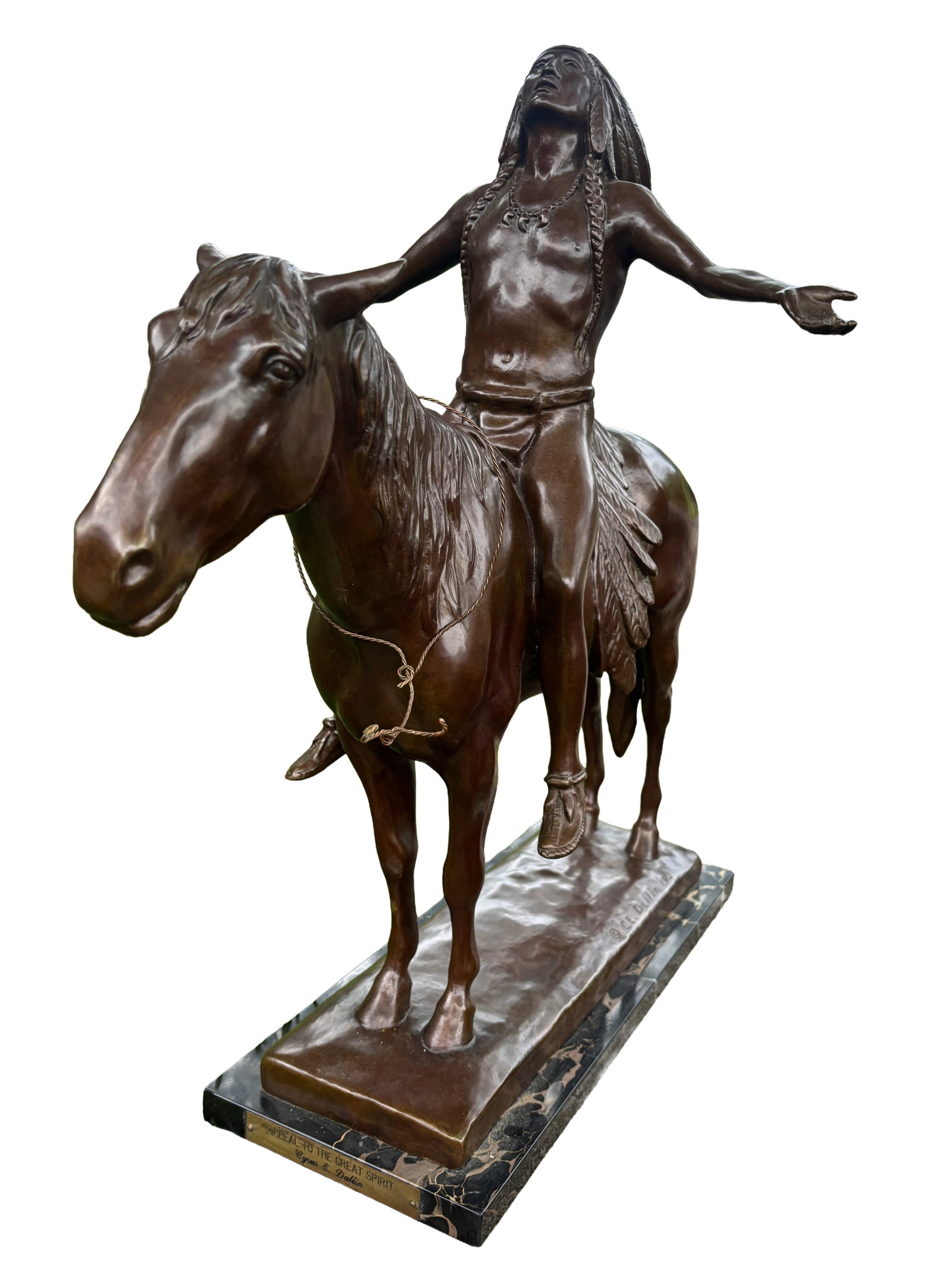 Large 42 lbs Bronze Sculpture 7/30 Sante Fe Bronze Cyrus Edwin Dallin Indian Chief: This numbered 7/30, Massive 42 pound patinated bronze sculpture is a high-quality estate reproduction of Cyrus Edwin Dallin's legendary Western masterwork, Appeal to the Great Spirit. Measures approx 