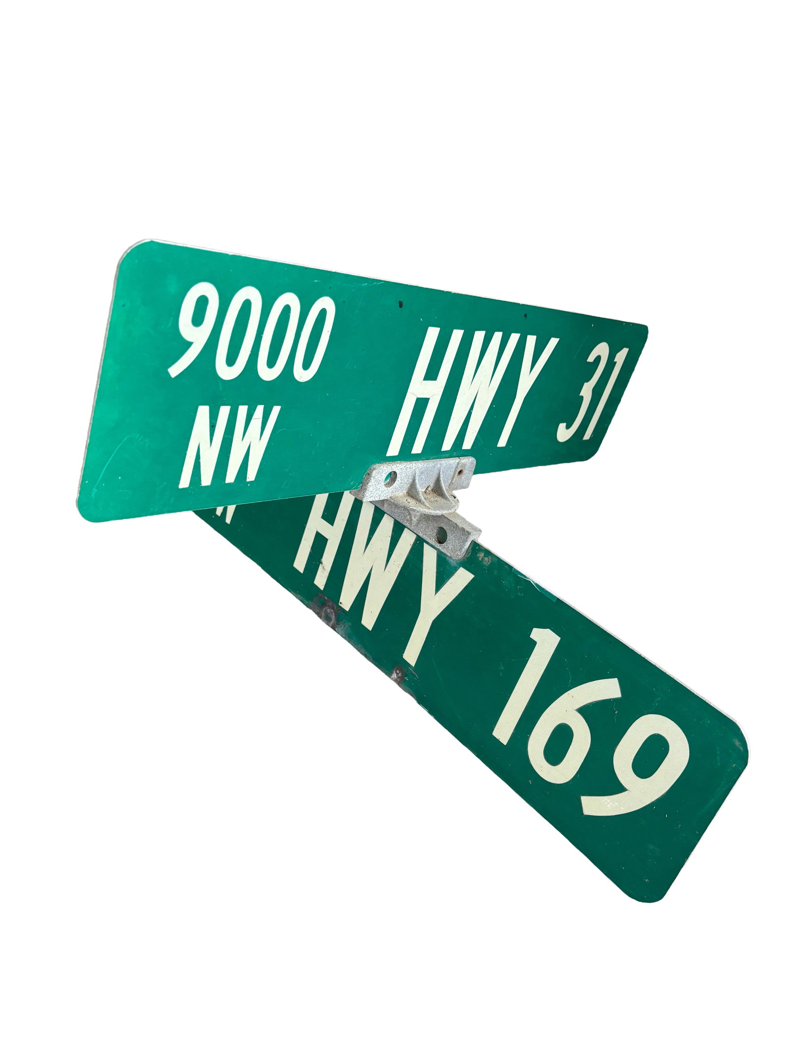 Vintage Highway Intersection Sign — HWY 31 & HWY 169 Street Sign: Vintage Highway Intersection Sign — HWY 31 & HWY 169Authentic green metal highway intersection sign featuring “9000 NW HWY 31” and “HWY 169.” Mounted on its original aluminum bracket
