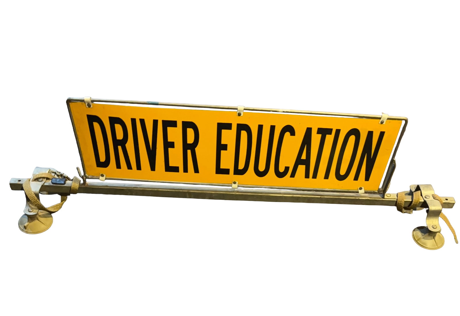Vintage “Driver Education" Car Roof-Mount Sign Mid Century: Vintage “Driver Education” Roof-Mount Sign Authentic mid-century driver training sign featuring bold black lettering on a yellow background. Mounted in its original metal frame with suction cu
