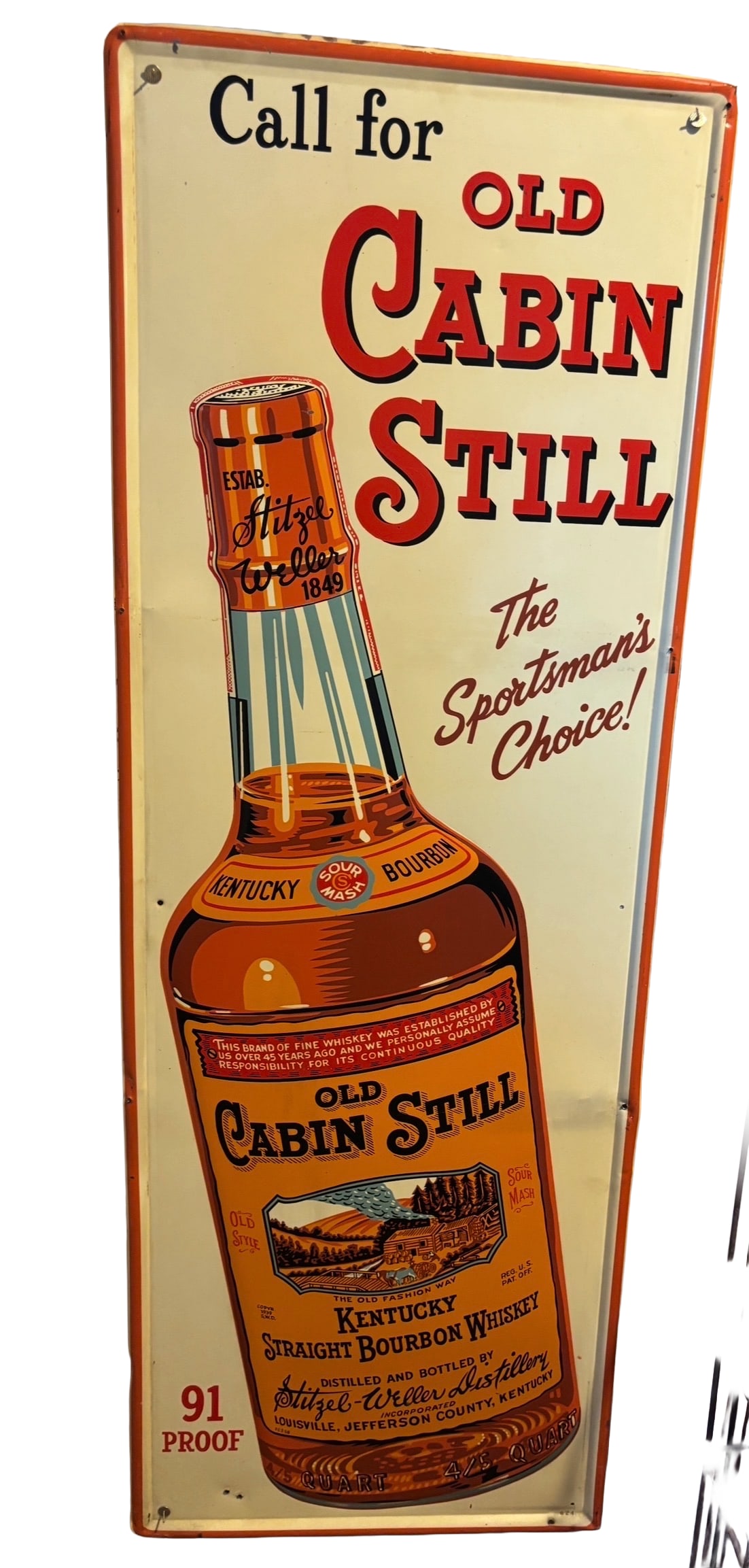 Rare Vertical Original 1950s Old Cabin Still Bourbon Embossed Tin Sign Self Framed: Rare Original 1950s Old Cabin Still Bourbon Embossed Tin Sign – Self Framed. Stitzel-Weller Distillery. A highly sought-after, exceptionally clean piece of mid-century whiskey history. This vertical