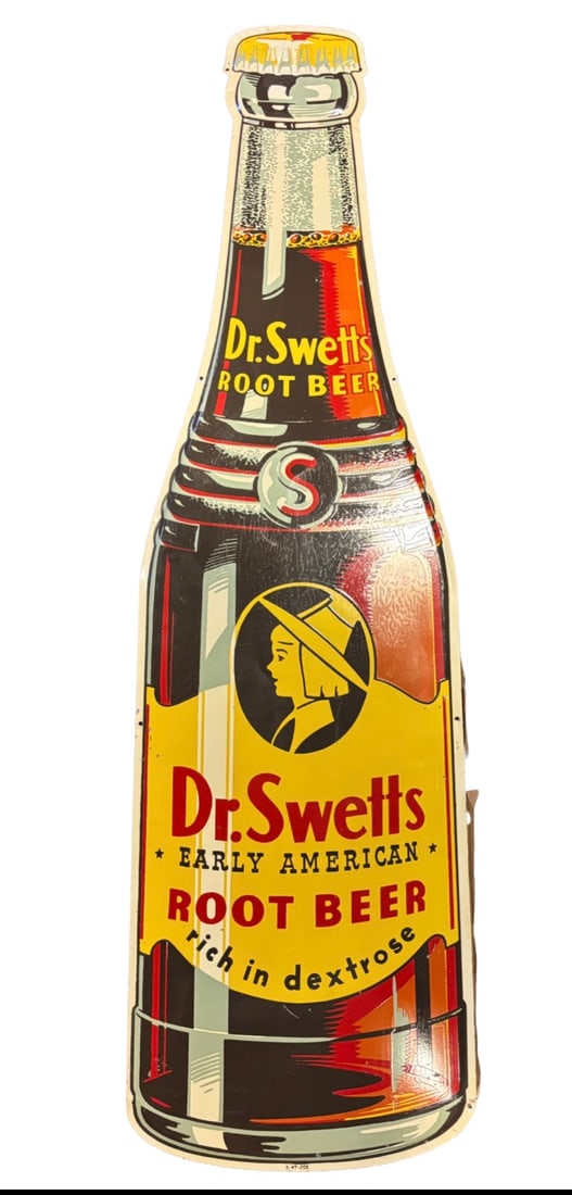 Original NOS Vintage 1940s Dr. Swett’s Early American Root Beer Die-Cut Tin Sign –: Original NOS Vintage 1940s Dr. Swett’s Early American Root Beer Die-Cut Tin Sign – 44"Description:Up for auction is a highly collectible, original Single-Sided Tin (SST) advertising sign for Dr. S