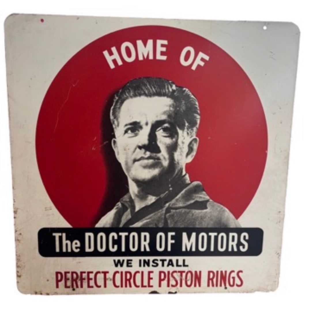 Vintage 1940s–1950s 2-sided Piston Rings Metal Sign! Garage: Vintage 1940s–1950s Perfect Circle Piston Rings Metal Sign – "The Doctor of Motors" – Authentic Automobilia Americana. Up for auction is a highly collectible, authentic vintage metal