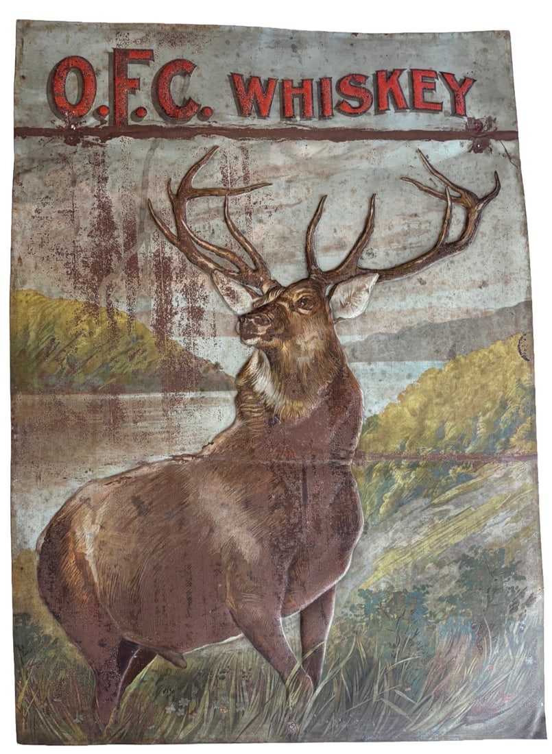 Rare Antique O.F.C. Whiskey Embossed Tin Lithograph Sign Pre Prohibition (1 of 3)