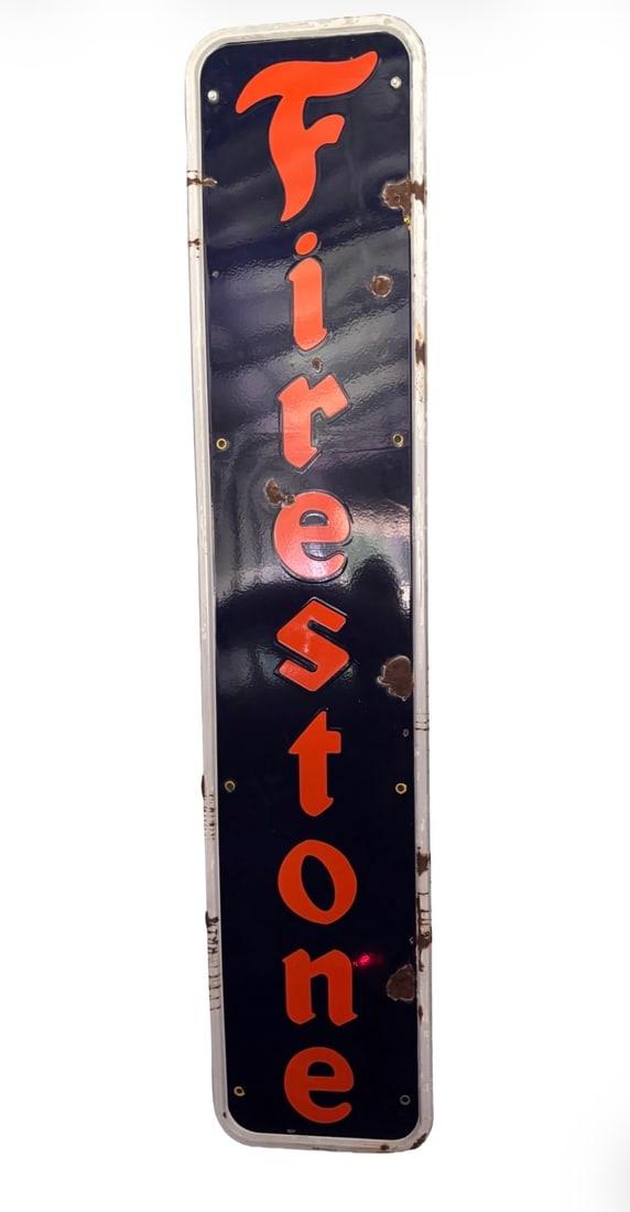 Original 1940s- 50s 6ft Vertical Firestone Tires Single-Sided Porcelain Sign (1 of 4)