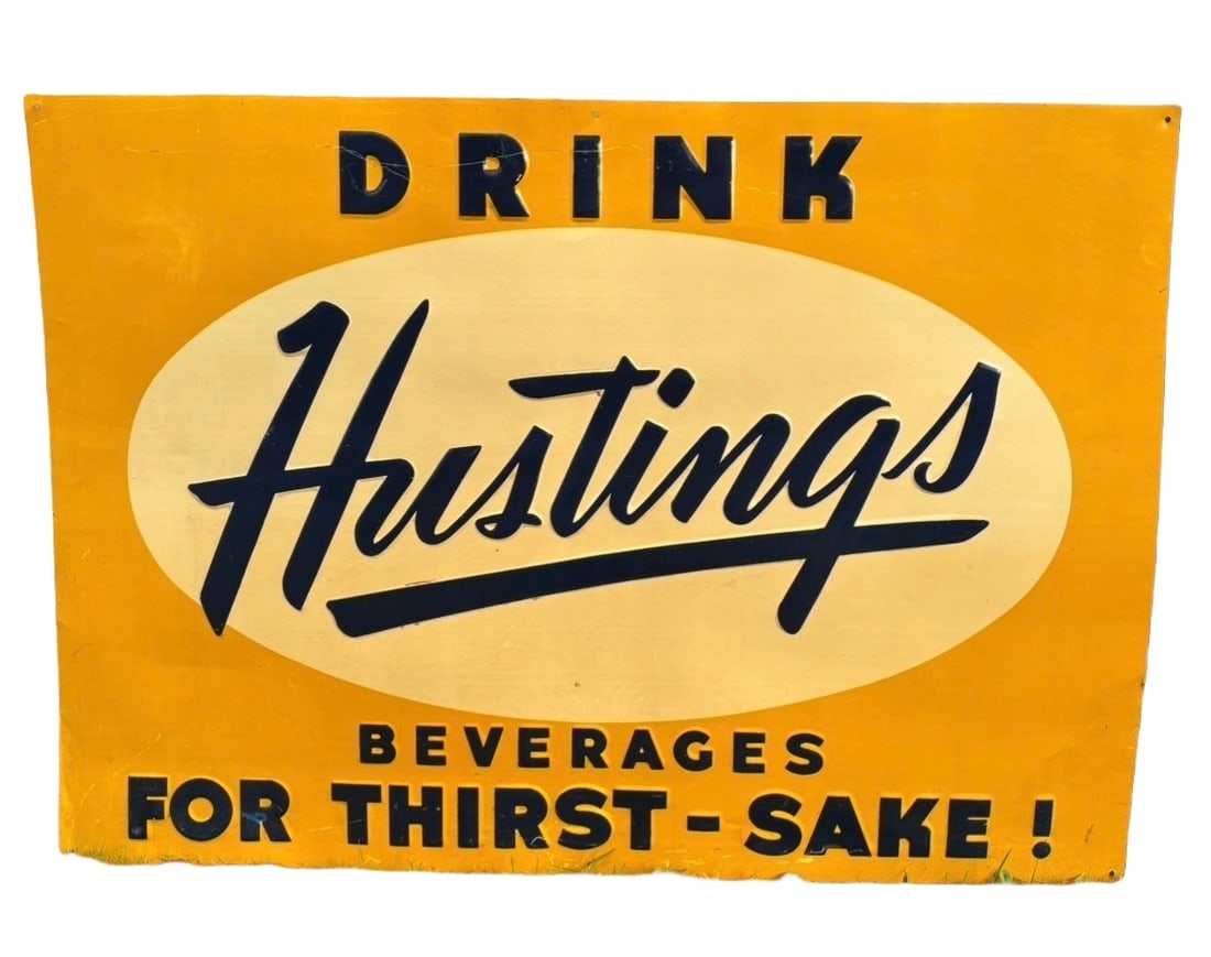 Original 1940s Hustings Beverages Embossed Tin Tacker Litho Sign (1 of 5)