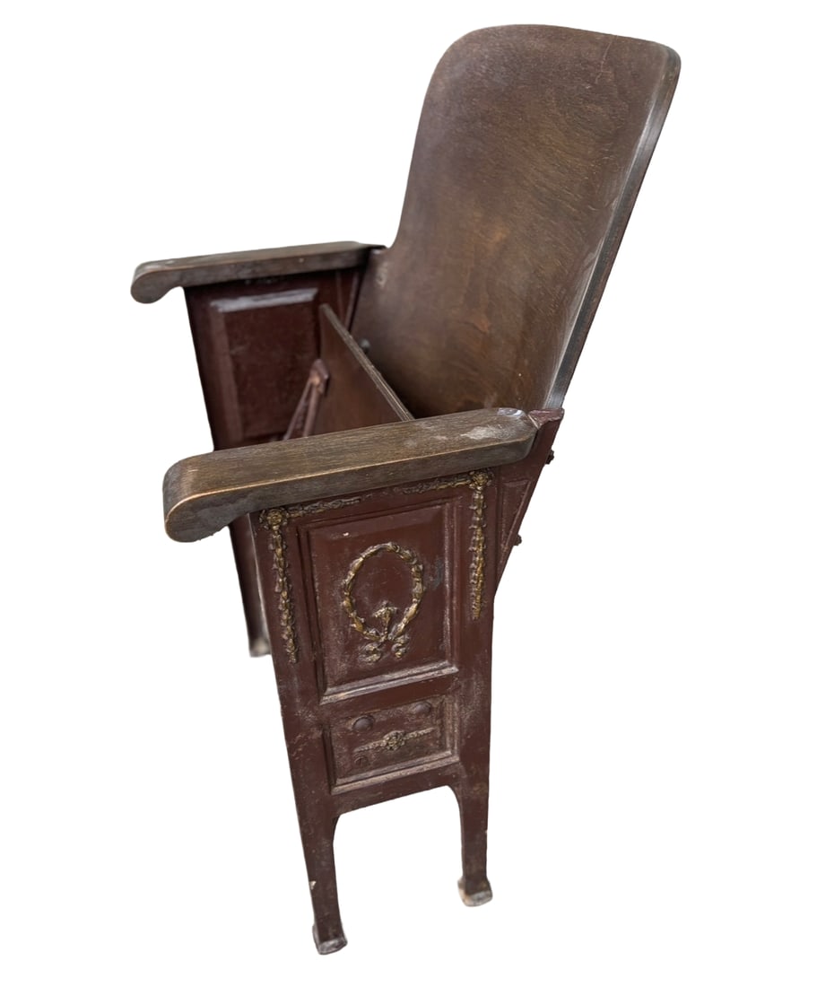 Antique Cast Iron Theater Chair 1910s Beaux-Arts Folding Auditorium seat: Antique Cast Iron Theater Chair 1910s Beaux-Arts Folding Auditorium Seat. Vintage 1920s Movie Theater Chair - Ornate Cast Iron & WoodItem . Up for auction is a beautiful, authentic piece of early