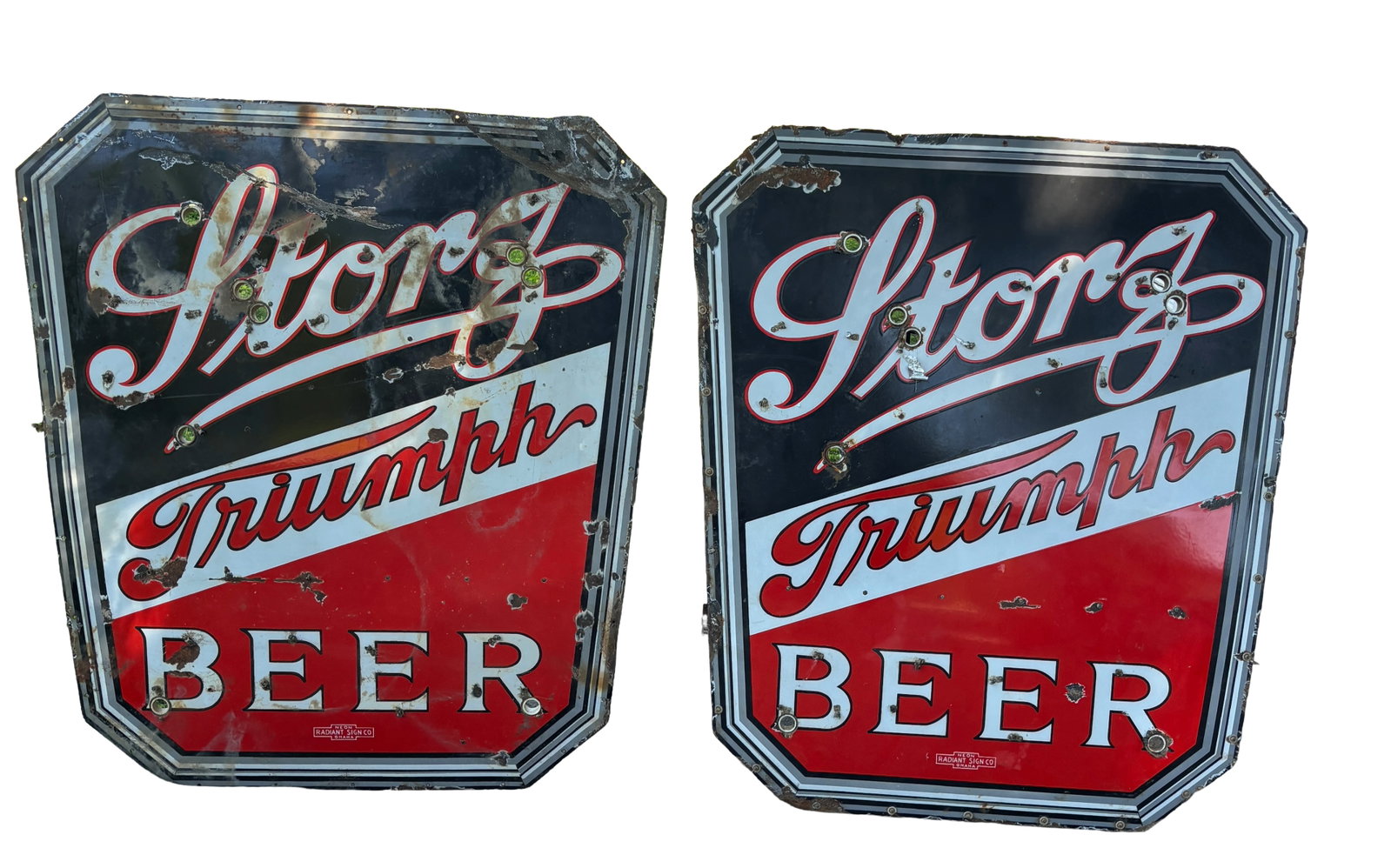 Rare 1940s Storz Triumph Beer Double-Sided Porcelain Neon Sign Barn Find 46”x 54”: Rare 1940s Storz Triumph Beer Double-Sided Porcelain Neon Sign – Complete Original Restoration Core w/ Insulators & Clips, 2 original transformers, and has the original iron hanging bracket attached