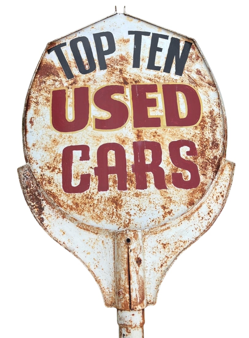 13.6’ Authentic Mid-Century "Top Ten Used Cars" Dealership Pole Sign Metal Great Patina: Authentic Metal Mid-Century "Top Ten Used Cars" Dealership Pole SignUp for auction is a highly desirable, original 13.6-foot "lollipop" style commercial advertising sign. This complete automotive