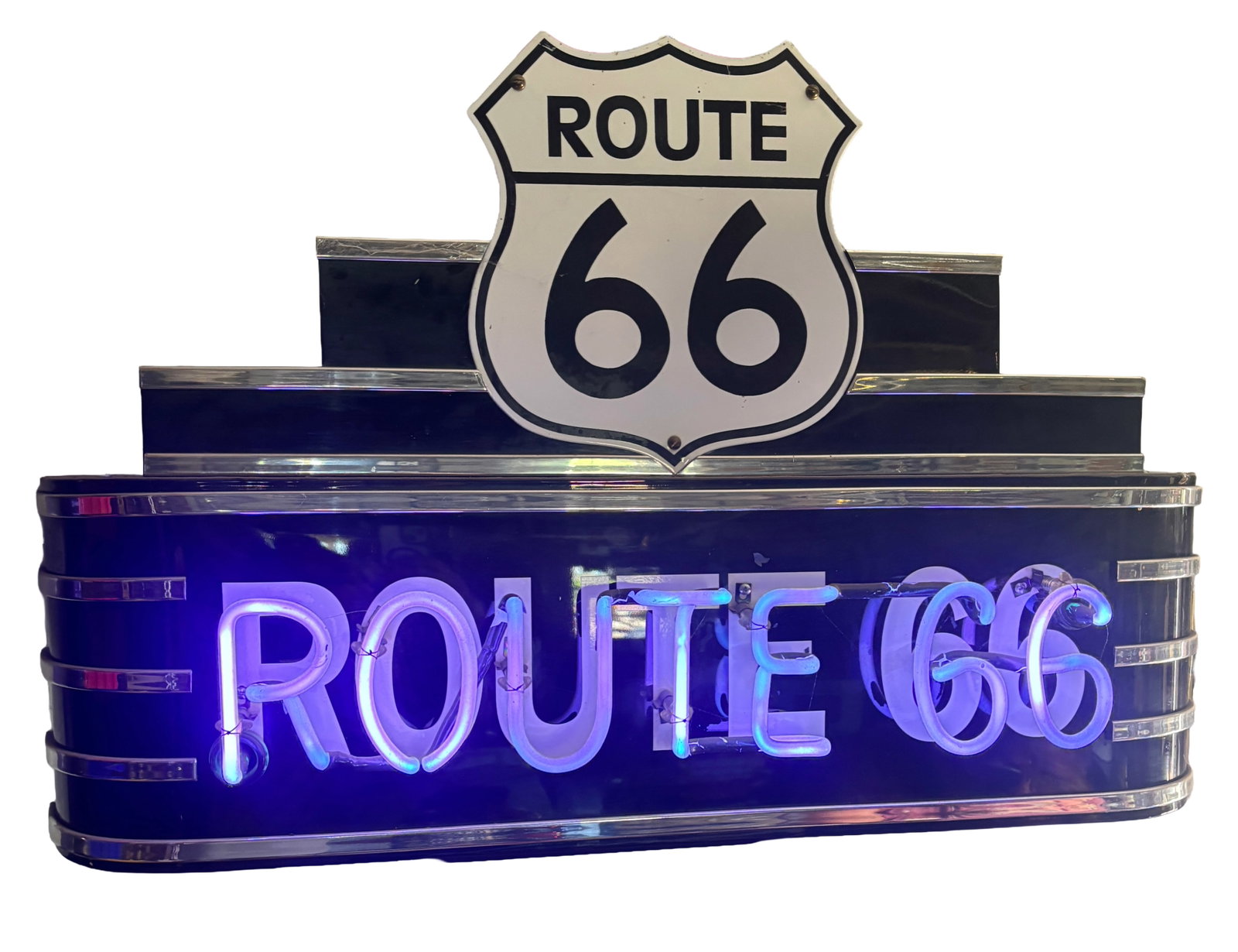 Route 66 Multi Tiered Neon Sign Celebrate 100 year anniversary: Celebrate the 100 year anniversary of Route 66 with this Timeless neon route 66 50s style Diner neon sign. Art Deco multi-tiered architectural housing finished in gloss-black with clean chrome