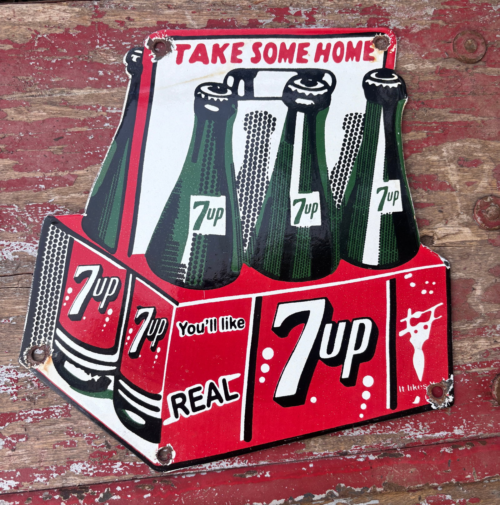 Small 9”x 9” 7-up Die-Cut 6-pack aged Porcelain Sign (1 of 4)