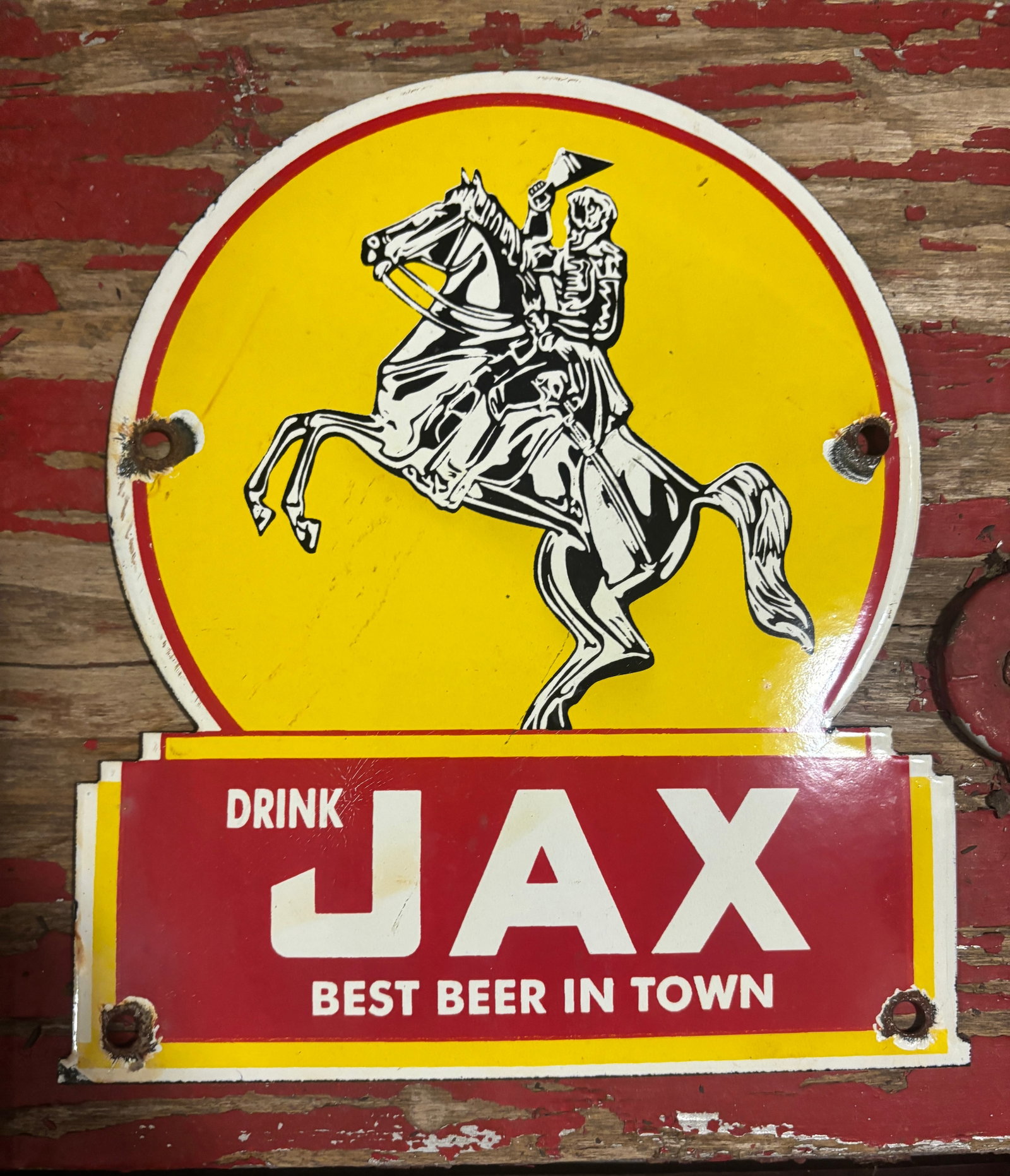Small 7”x 8” Jax Beer Aged Porcelain sign.Die-Cut (1 of 4)