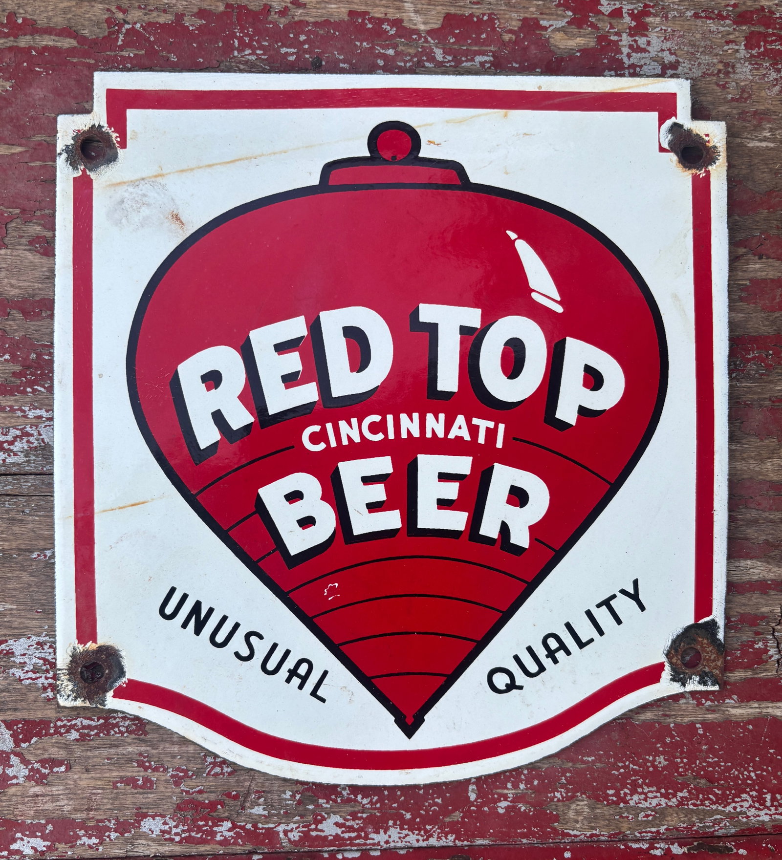 Small 7” 3/4” x 8” Red Top Beer Die Cut Porcelain Sign (1 of 5)