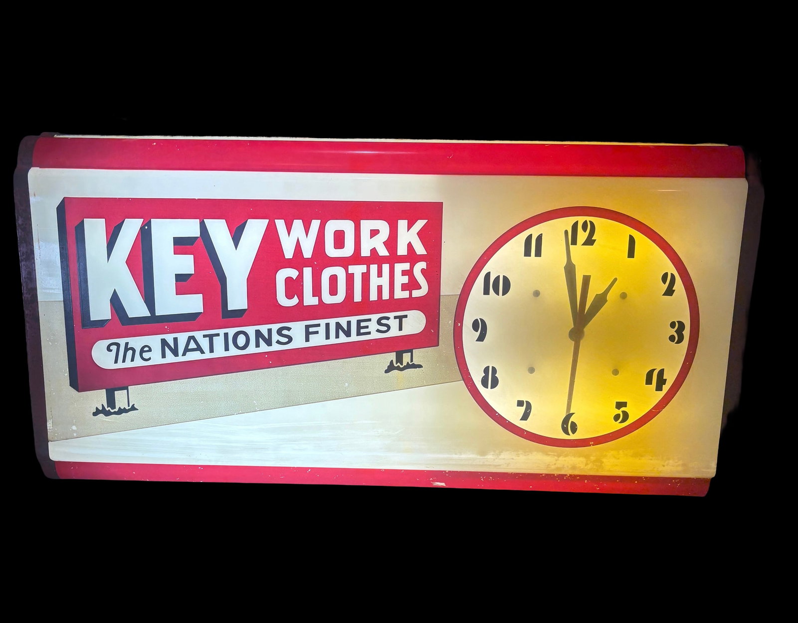 LOT [NUMBER]: Vintage 1940s "Key Work Clothes" Illuminated Storefront Clock (1 of 3)