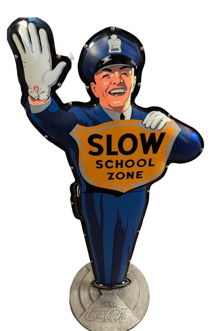 Official 1990 Coca-Cola "Slow School Zone" 60" Policeman Sign on Heavy Base (1 of 4)