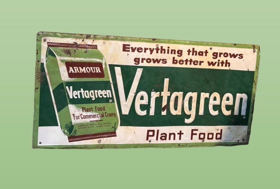 1950s–1960s Armour Vertagreen Plant Food embossed Farm Sign: 1950s–1960s Armour Vertagreen Plant Food embossed metal sign. This single-sided tin/steel advertising sign is a spectacular piece of mid-century agricultural history, featuring the iconic slogan "Ev