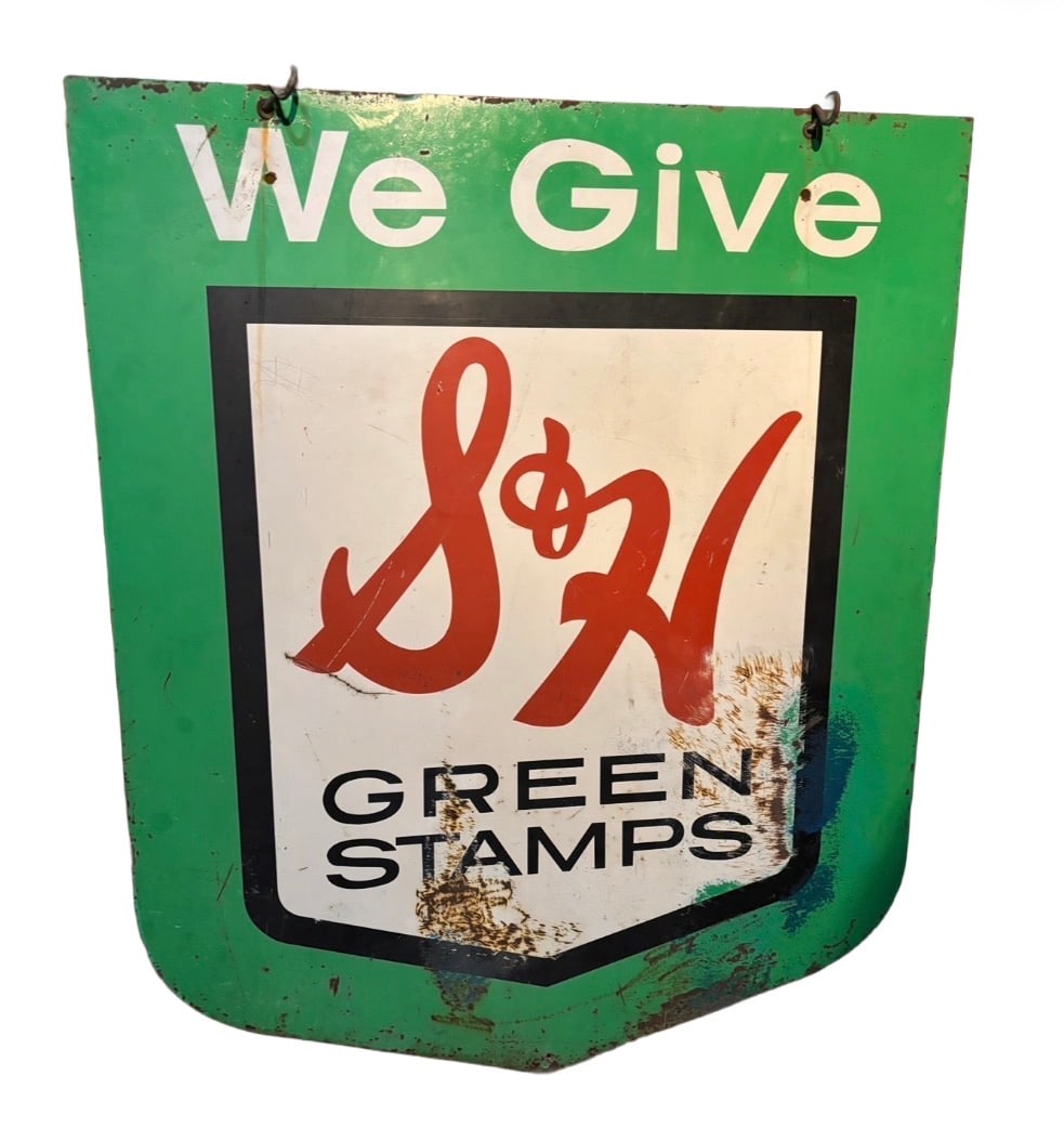 Vintage 1950s/60s S&H Green Stamps Double-Sided Metal Sign 35”x30”: Vintage 1950s/60s S&H Green Stamps Double-Sided Metal Sign 35.5”x30” w/ Original Hooks. Up for auction is a highly desirable, large-format original 1950s/1960s S&H Green Stamps Double-Side