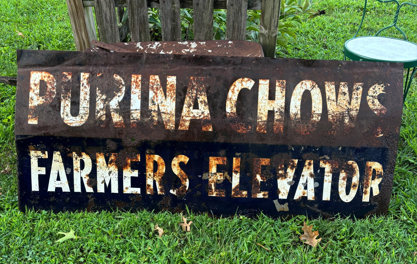 1940s 50s Purina Chows Farmers Elevator Sign Pained Metal Sign Green Back 55x24 (1 of 3)