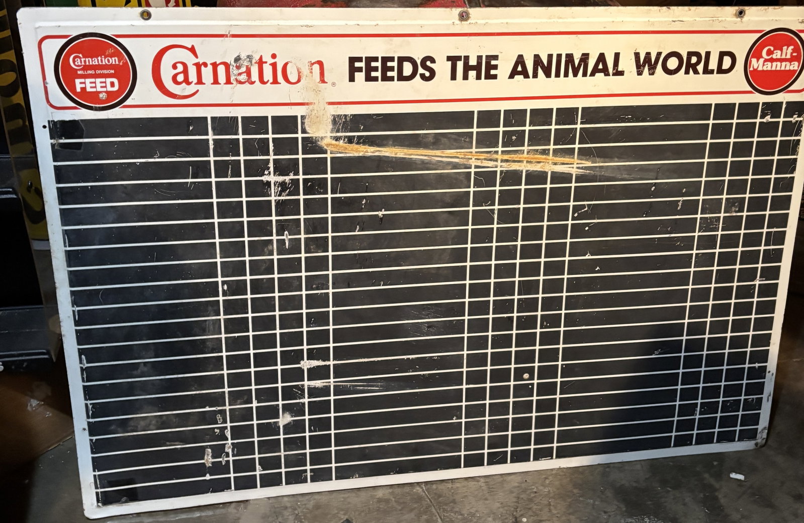 Vintage Carnation Feed Feed Store Metal Price Board Sign 45"x30" Self framed Stout Sign Co (1 of 8)