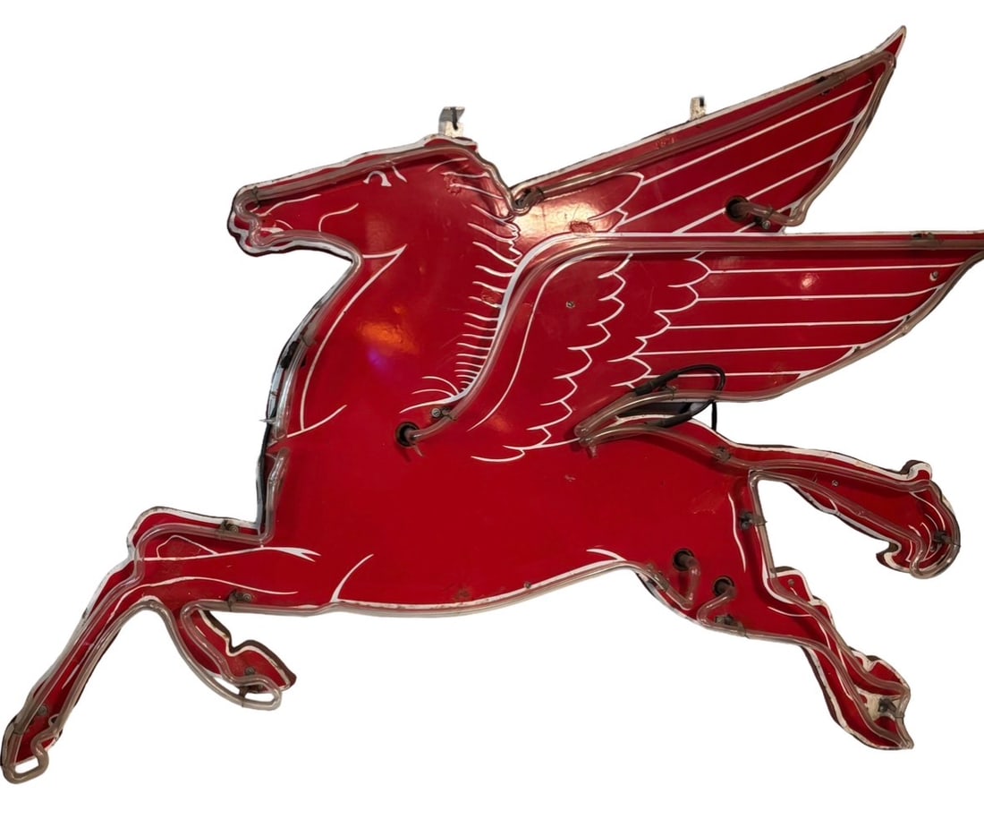 1950s Mobil Oil Left-Facing Porcelain Pegasus Neon Sign: Vintage 1950s Mobil Oil Left-Facing Porcelain Pegasus Sign – 1970s Neon Customization. up for auction is a striking, double-vintage piece of Americana: an authentic left-facing Mobil Oil Pegasus sig