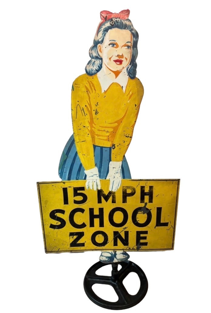1940s–1950s "Safety Sal" (Safety Sally) school zone crossing sign (1 of 6)