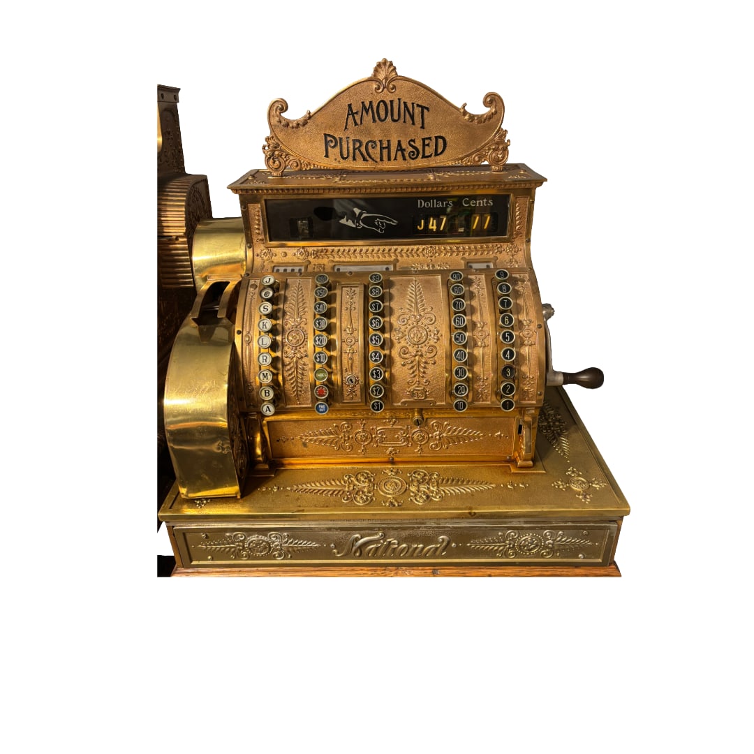 1910s Antique National Cash Register Model 452 (c. 1910s) Ornate Brass: Magnificent Antique National Cash Register Model 452 (c. 1910s) – Ornate Cast Brass, Fully Restored & Perfect Working Condition. Presenting an exceptional piece of American mercantile history: an au