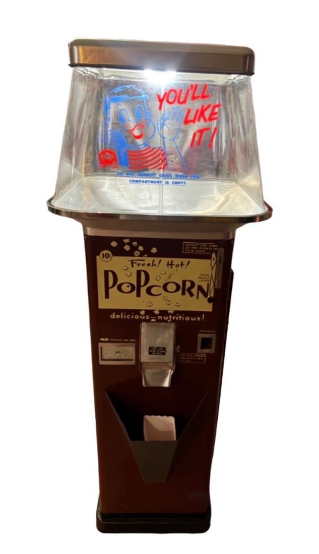 Vintage 1950s Cebco / Gold Medal Automatic 10¢ Popcorn Vending Machine: Vintage 1950s Cebco / Gold Medal Automatic 10¢ Popcorn Vending Machine (Model 100) Concession Equipment & Supplies Co., Cincinnati, OH .Gold Medal Automatic Popcorn Vender Vending by Gold Medal Produ