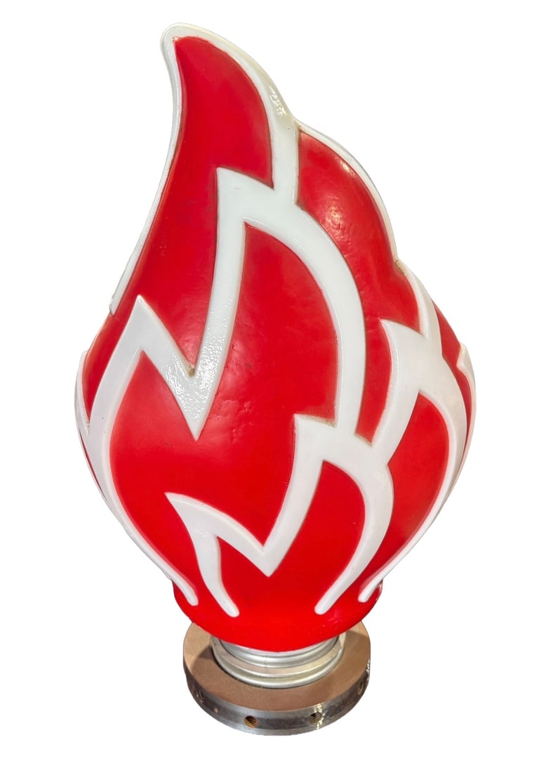 Original NOS Standard Oil Company 3-D Torch Flame Globe Milk Glass: An exceptional, investment-grade example of an original Standard Oil Company three-dimensional torch flame gas pump Pole globe. This piece is guaranteed to be old and original, constructed of heavy mo