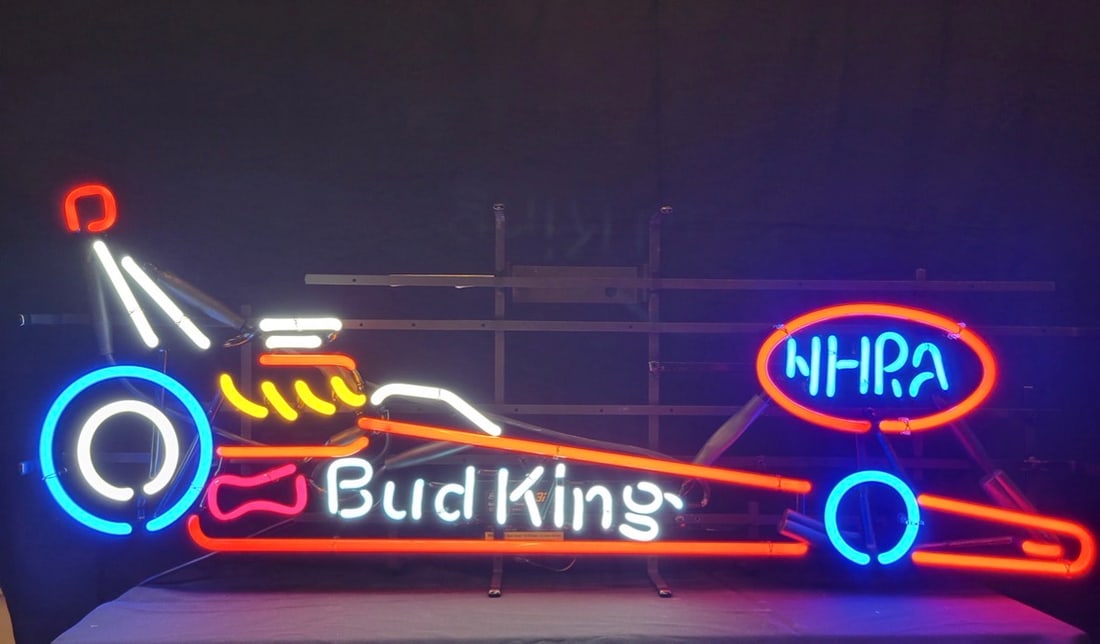 Vintage Budweiser Bud King NHRA Dragster Glass Neon Sign – Original 40” Bar Light (1 of 3)