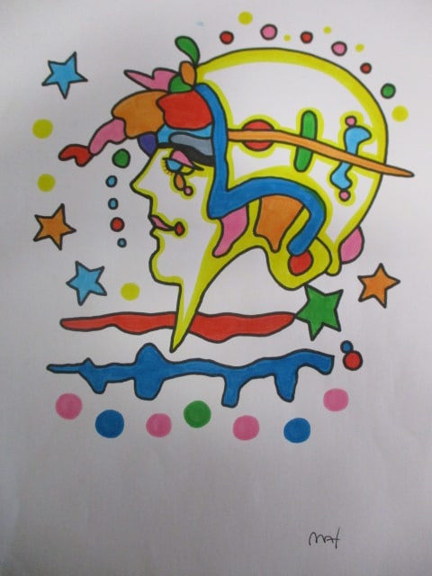 After Peter Max Psychedelic Profile Portrait Watercolor: After Peter Max (1937–2023)Watercolor on Paper (8" x 12")This work is offered after Peter Max, indicating a piece by an unknown artist that reproduces or is based upon the composition of a known wor