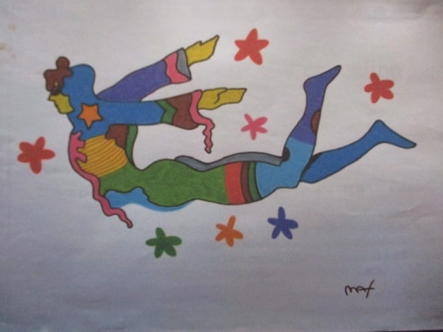 Peter Max, American 1937–, In the Style of Peter Max, Flying Man, 12 x 17 Inch Watercolor: Peter Max, American 1937–, In the Style of Peter Max, Flying Man, 12 x 17 Inch WatercolorAttribution: Attributed in the style of Peter MaxDescription:This vibrant 12 x 17 inch watercolor depicts a f