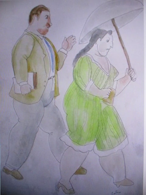 After Fernando Botero – Man and Woman with Umbrella: After Fernando Botero (1932–2023)Man and Woman with Umbrella, Artist Paper Painting (8" x 13")This work is offered after Fernando Botero, indicating a piece by an unknown artist that reproduces or i
