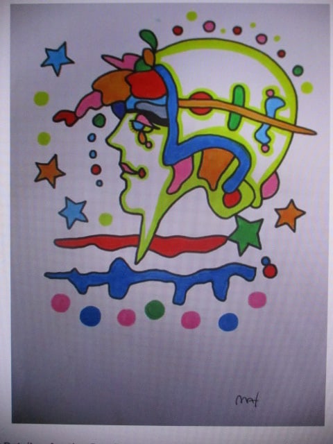 After Peter Max Psychedelic Profile Portrait Watercolor: After Peter Max (1937–2023)Watercolor on Paper (8" x 12")This work is offered after Peter Max, indicating a piece by an unknown artist that reproduces or is based upon the composition of a known wor