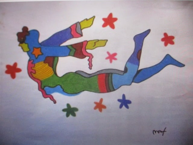 Peter Max, American 1937–, In the Style of Peter Max, Flying Man, 12 x 17 Inch Watercolor: Peter Max, American 1937–, In the Style of Peter Max, Flying Man, 12 x 17 Inch WatercolorAttribution: Attributed in the style of Peter MaxDescription:This vibrant 12 x 17 inch watercolor depicts a f