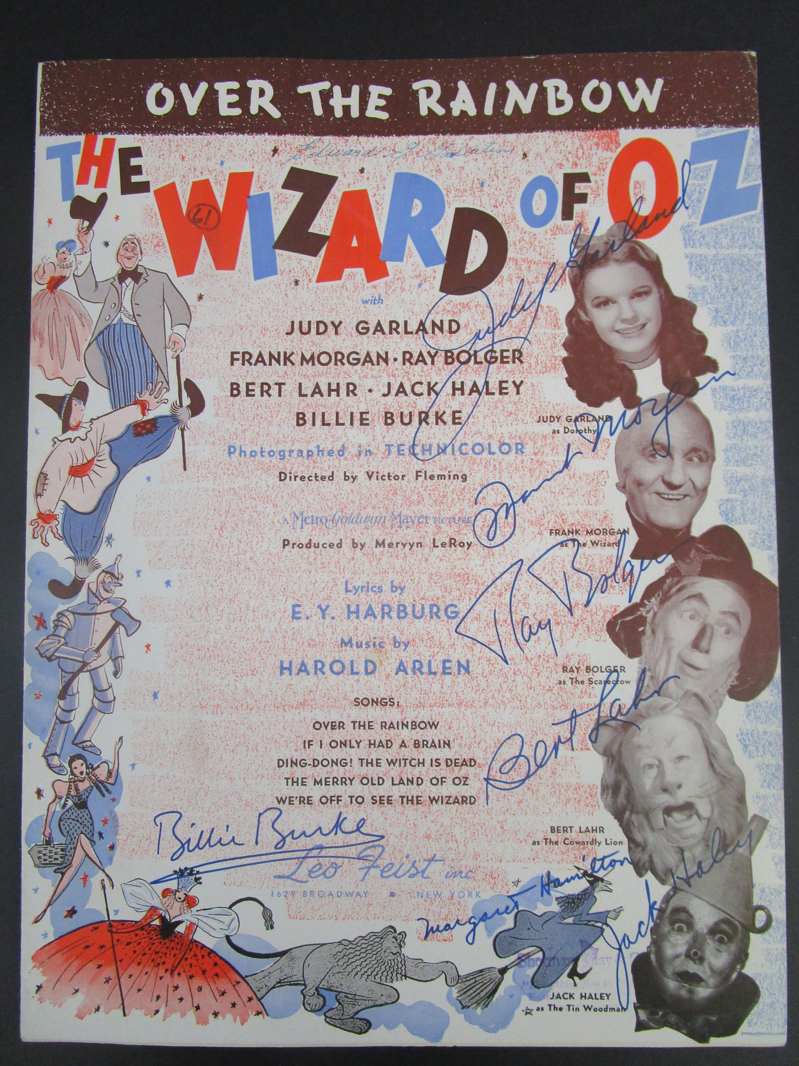 Over the Rainbow Sheet Music from The Wizard of Oz Signed by Judy Garland and Cast – Frank Morgan,: Over the Rainbow Sheet Music from The Wizard of Oz Signed by Judy Garland and Cast – Frank Morgan, Ray Bolger, Bert Lahr, Jack Haley, Margaret Hamilton & Billie Burke.Offered here is a highly desira