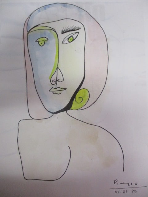 Cubist Muse — 8 x 12 Abstract Portrait Bearing the Signature of Pablo Picasso with Attribution: Cubist Muse — 8 x 12 Abstract Portrait Bearing the Signature of Pablo Picasso with Attribution.Offered here is an evocative 8 x 12 abstract portrait of a woman, inspired by the groundbreaking Cubist