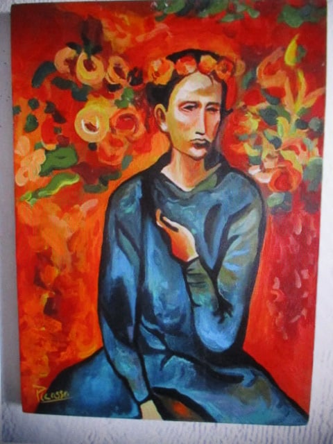 In the Style of Pablo Picasso (1881–1973) Woman in Blue – Oil on Canvas: In the Style of Pablo Picasso (1881–1973) Woman in Blue – Oil on Canvas.In the Style of Pablo Picasso (1881–1973)This oil on canvas is offered in the style of Pablo Picasso, presenting a composi