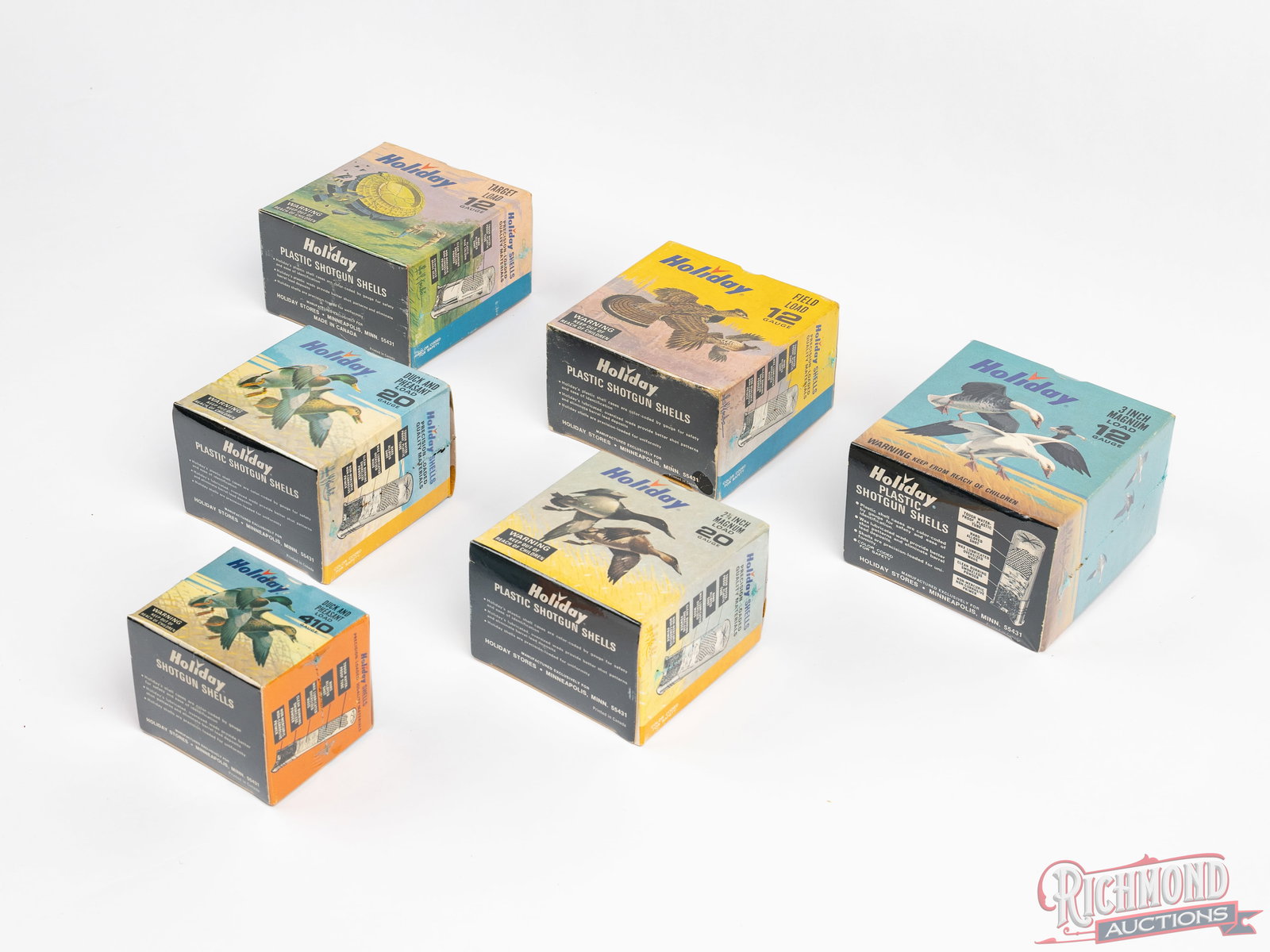 Six Collector Holiday Stores Shot Shell Boxes with Beautiful Les Kouba Graphics 12, 20 & 410 Gauge - 2