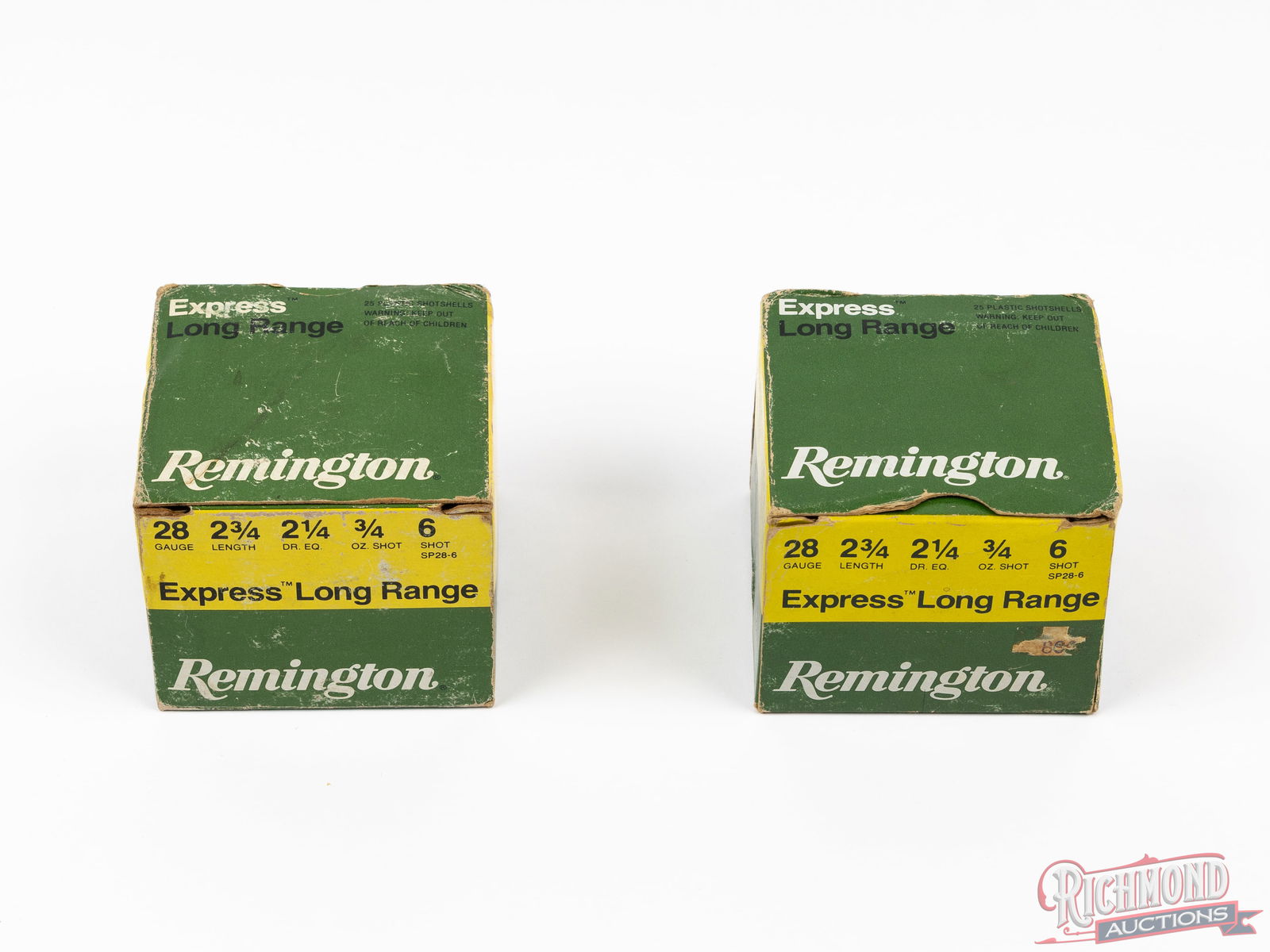 50 Rounds Remington Express Long Range 28 GA Shotshells: Two factory full boxes of 25 rounds each. Remington Express Long Range, 28 gauge, 2-3/4", 2-1/4 dram, 3/4 oz, 6 shot. In original boxes. CALIBER/GA: 28 GA. Condition GOOD - edge wear on the boxes.