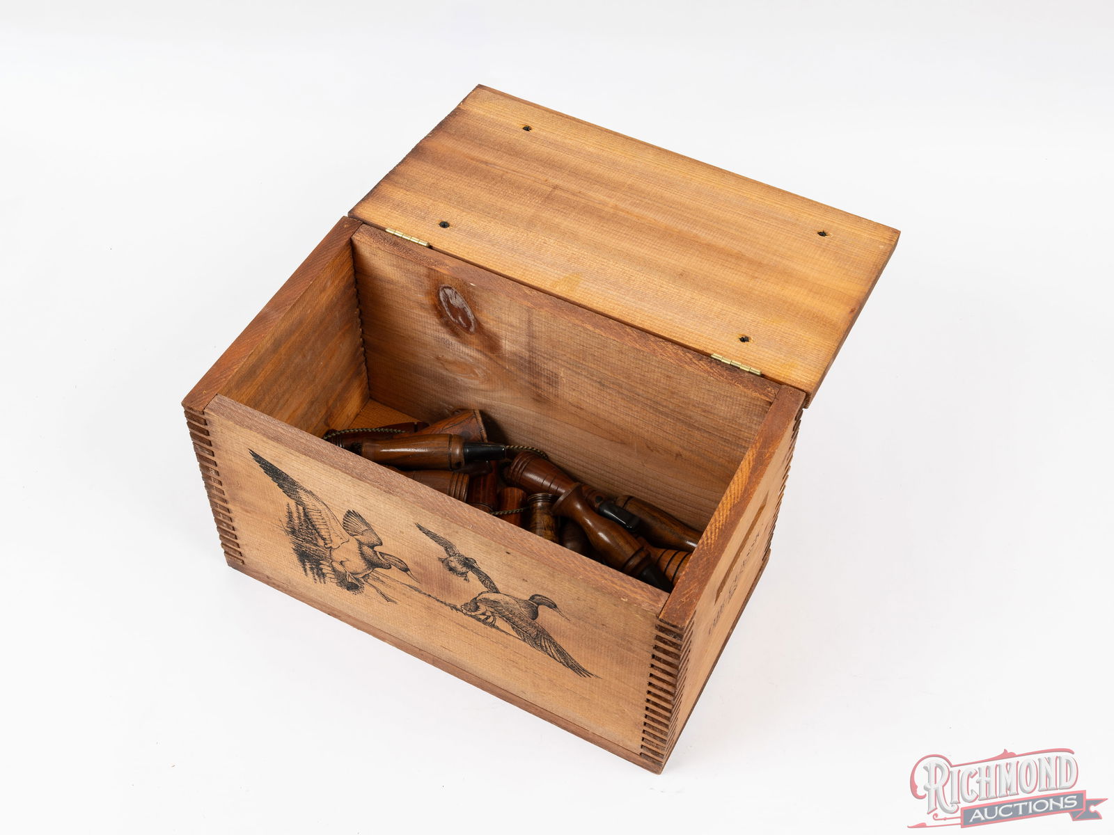 23 Assorted Crow Calls In Wooden Ammo Crate Including Faulk and Tom Terpin - 2