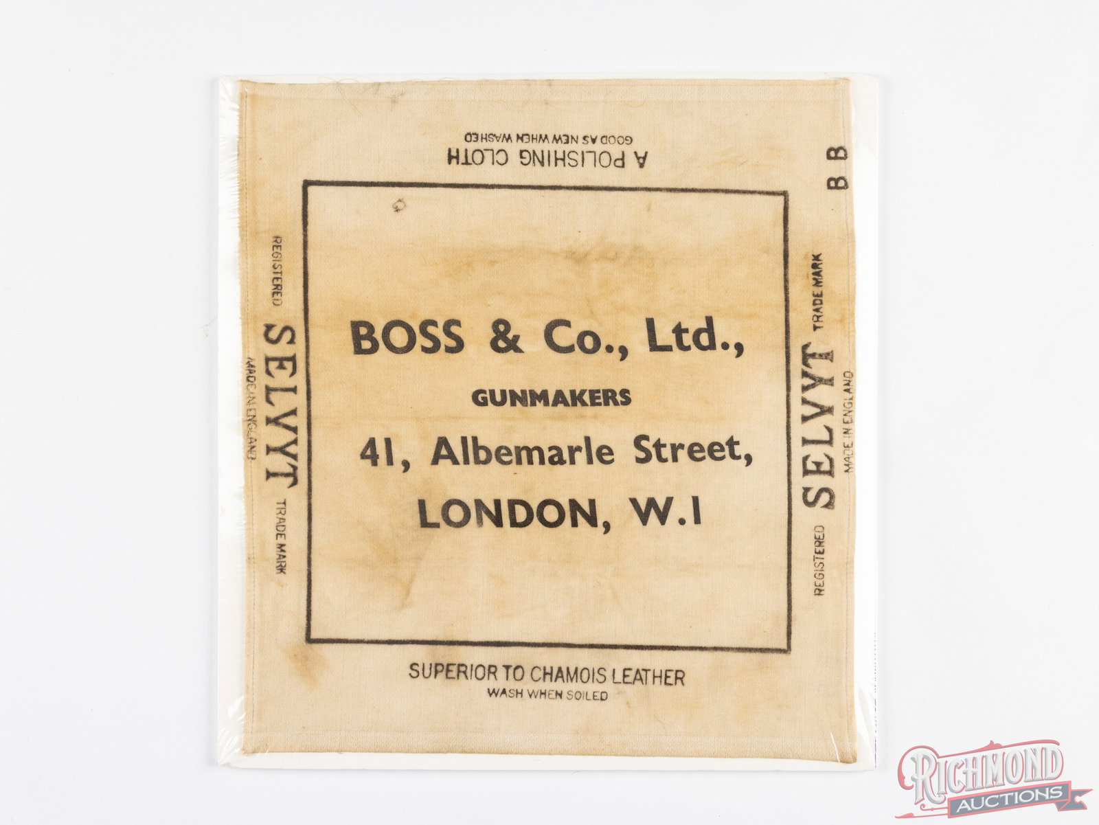Vintage Selvyt Advertising Cleaning Gun Cloth Boss & Co., LTD London: Registered Selvyt trademark cleaning cloth. Measures 13-1/2" x 14-1/2". Advertising "BOSS & Co. Ltd., / GUNMAKERS / 41, Albemarle Street, / LONDON, W.I". Also printed; "Superior to Chamois Leather,